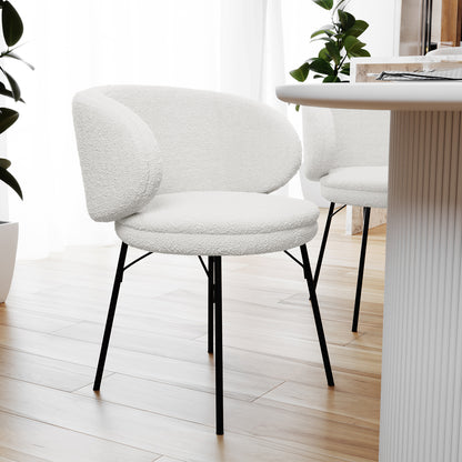 Meily Boucle Dining Chairs Cream White Set of 2, featuring a close-up of a chair's soft boucle texture, modern design with sturdy, stylish legs, next to a table.