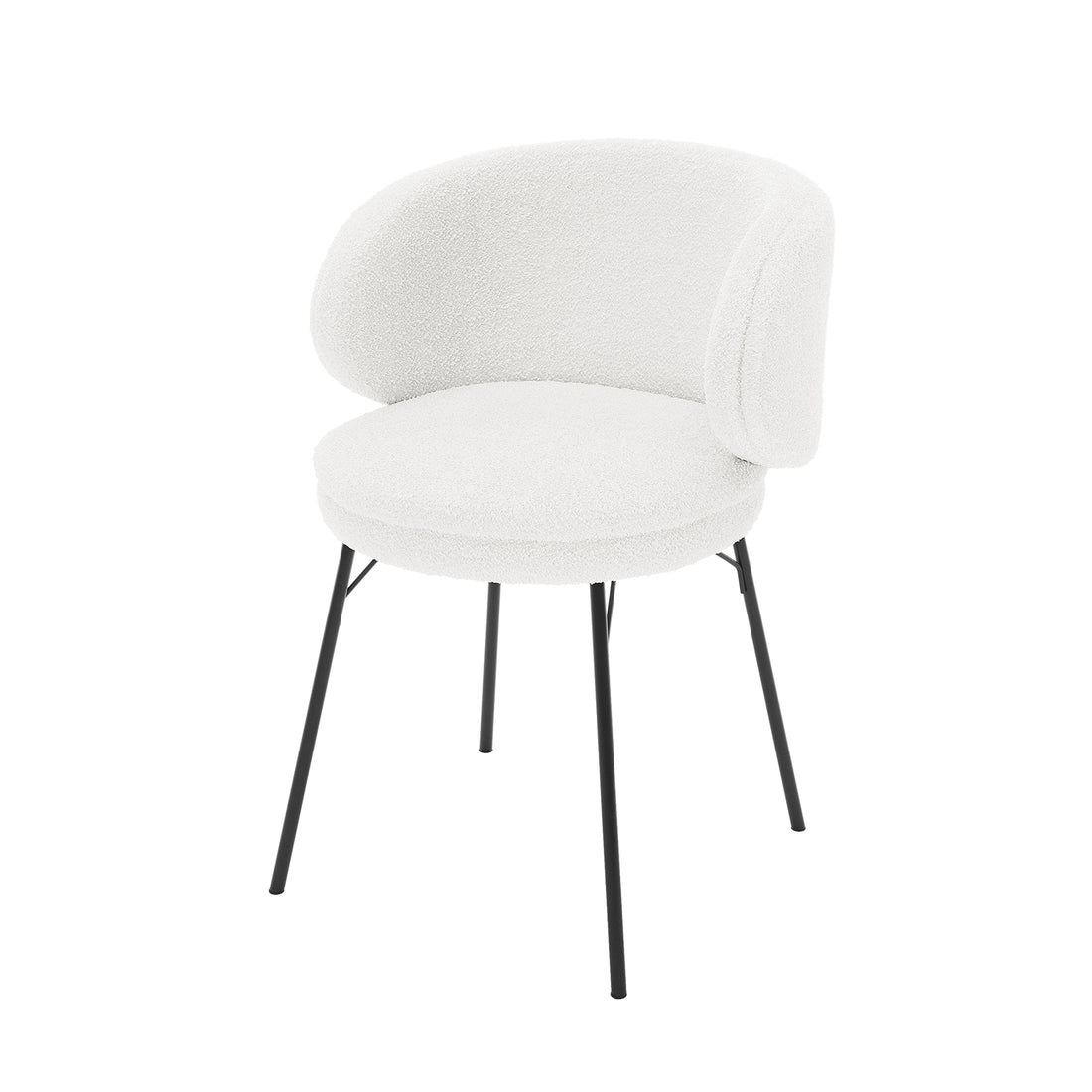 Meily Boucle Dining Chair Set of 2 in Cream White, featuring a modern design with a rounded, low-slung seat and curved backrest on slender black metal legs.