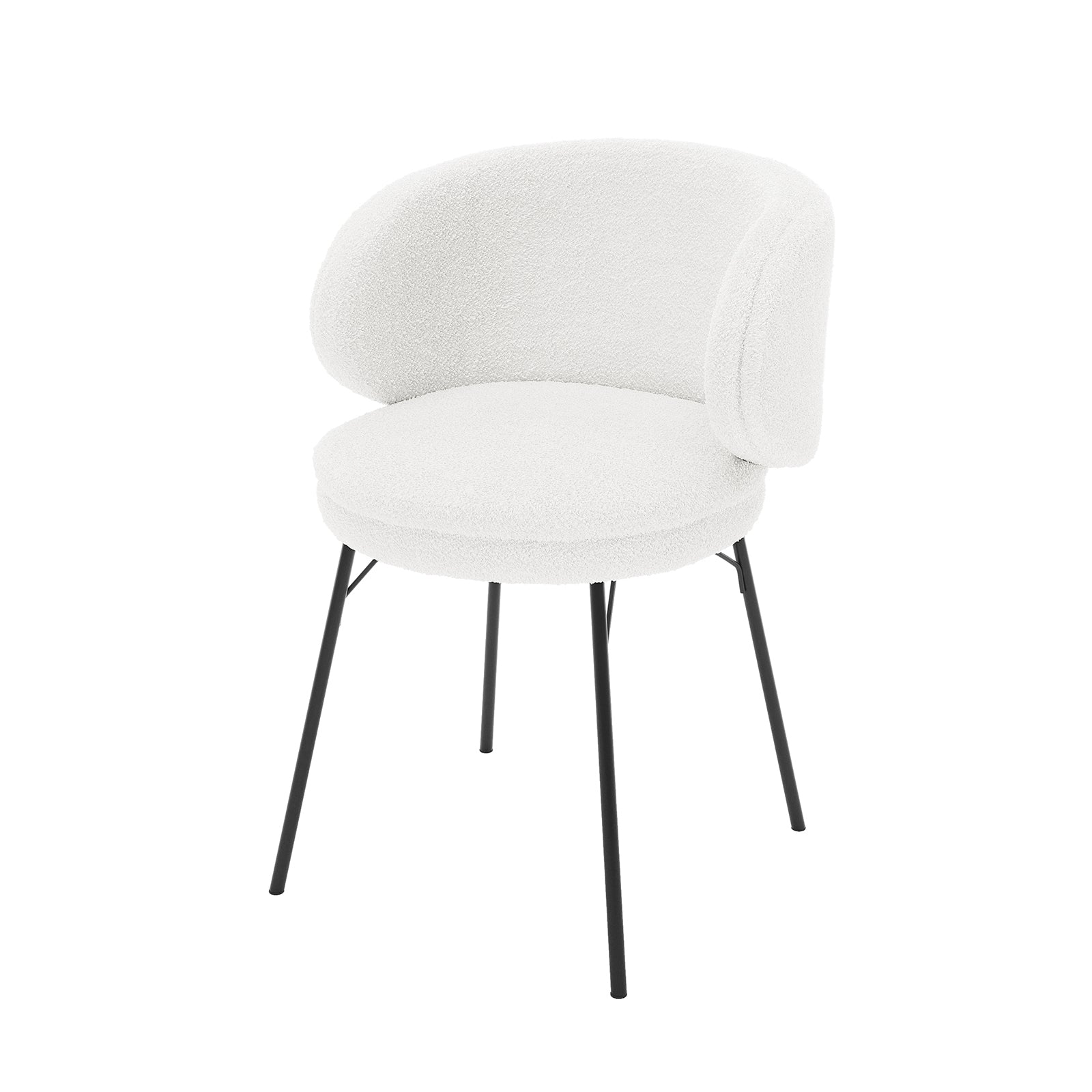 Meily Boucle Dining Chair Set of 2 in Cream White, featuring a modern design with a rounded, low-slung seat and curved backrest on slender black metal legs.