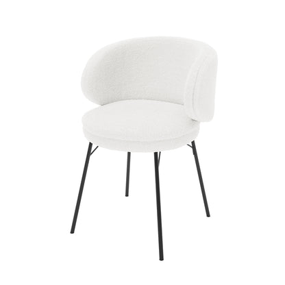 Meily Boucle Dining Chair Set of 2 in Cream White, featuring a modern design with a rounded, low-slung seat and curved backrest on slender black metal legs.