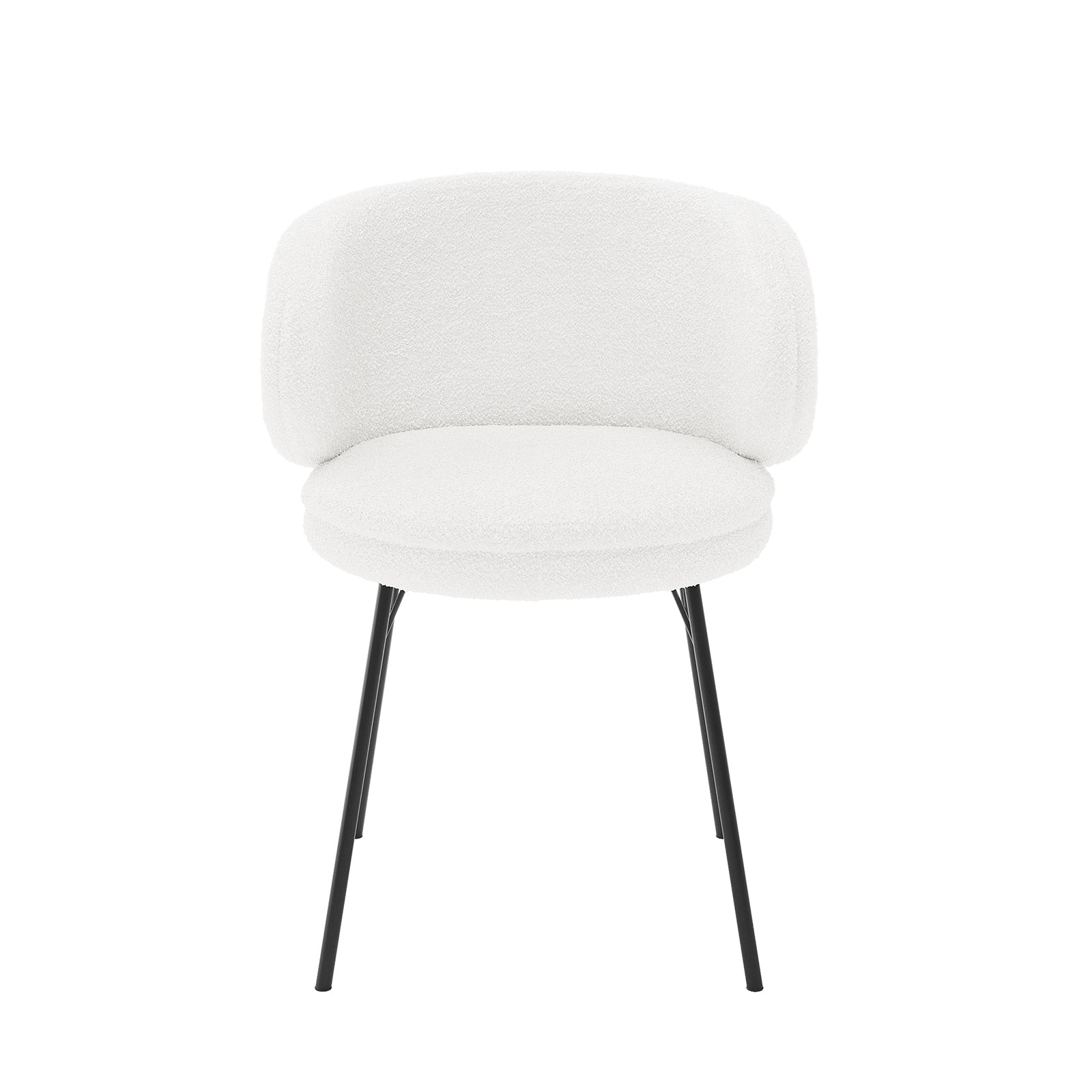 Meily Boucle Dining Chair Set of 2 in Cream White, featuring modern armless design with rounded upholstered seat and backrest on slender black metal legs, offering style and comfort for dining spaces.
