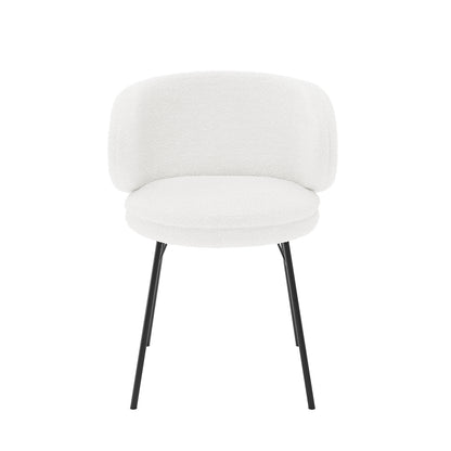 Meily Boucle Dining Chair Set of 2 in Cream White, featuring modern armless design with rounded upholstered seat and backrest on slender black metal legs, offering style and comfort for dining spaces.