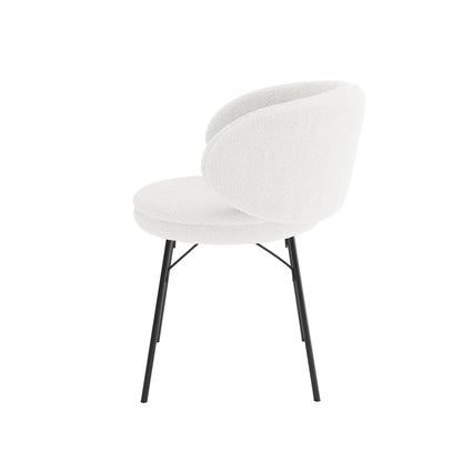 Meily Boucle Dining Chair Set of 2 in Cream White featuring rounded bouclé-style upholstered seats and curved backrests, supported by slender black metal legs, exemplifying modern design and durability.