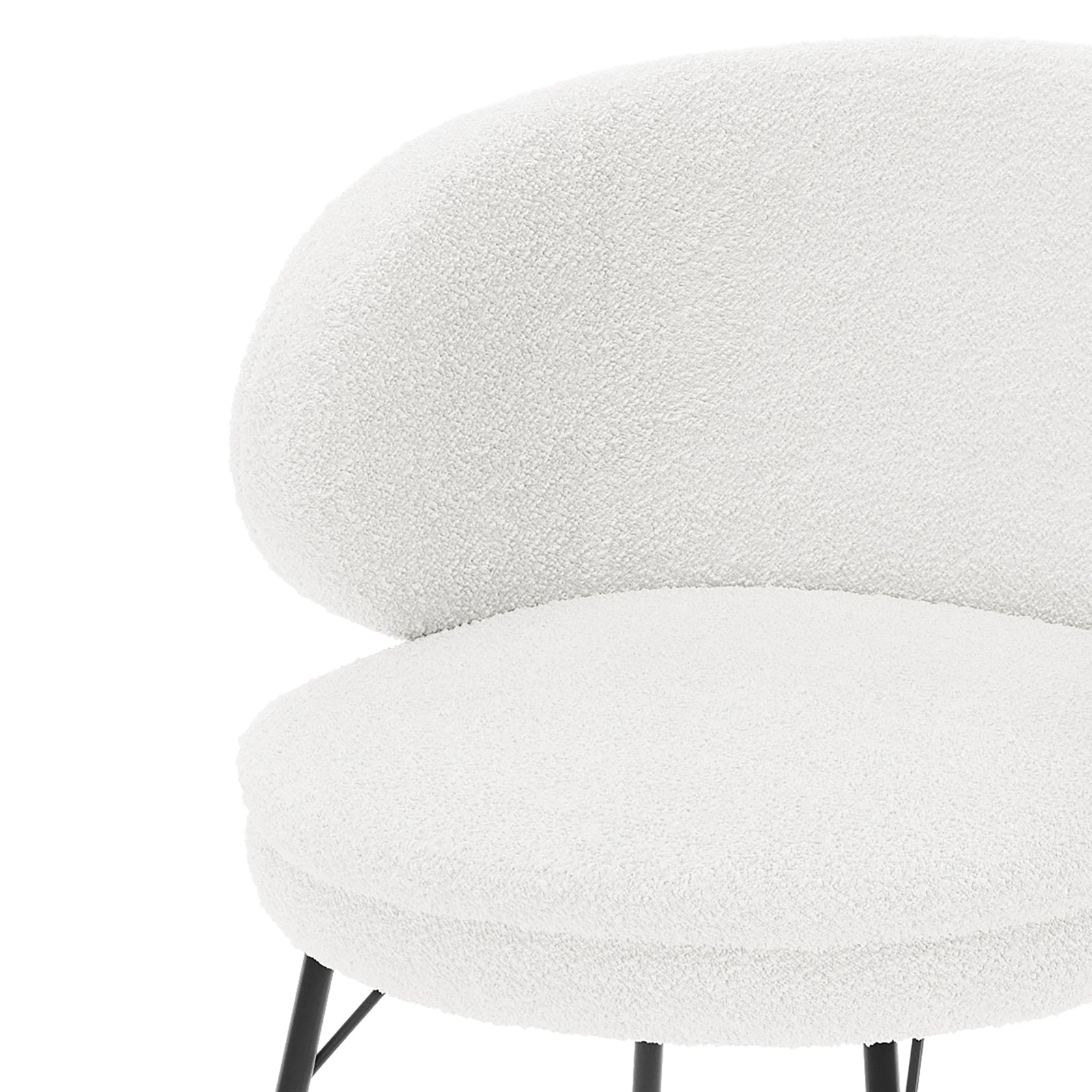 Meily Boucle Dining Chair Set of 2 in Cream White features modern accent chairs with gently curved backrests and circular seat cushions, upholstered in soft boucle fabric, supported by slender black metal legs.