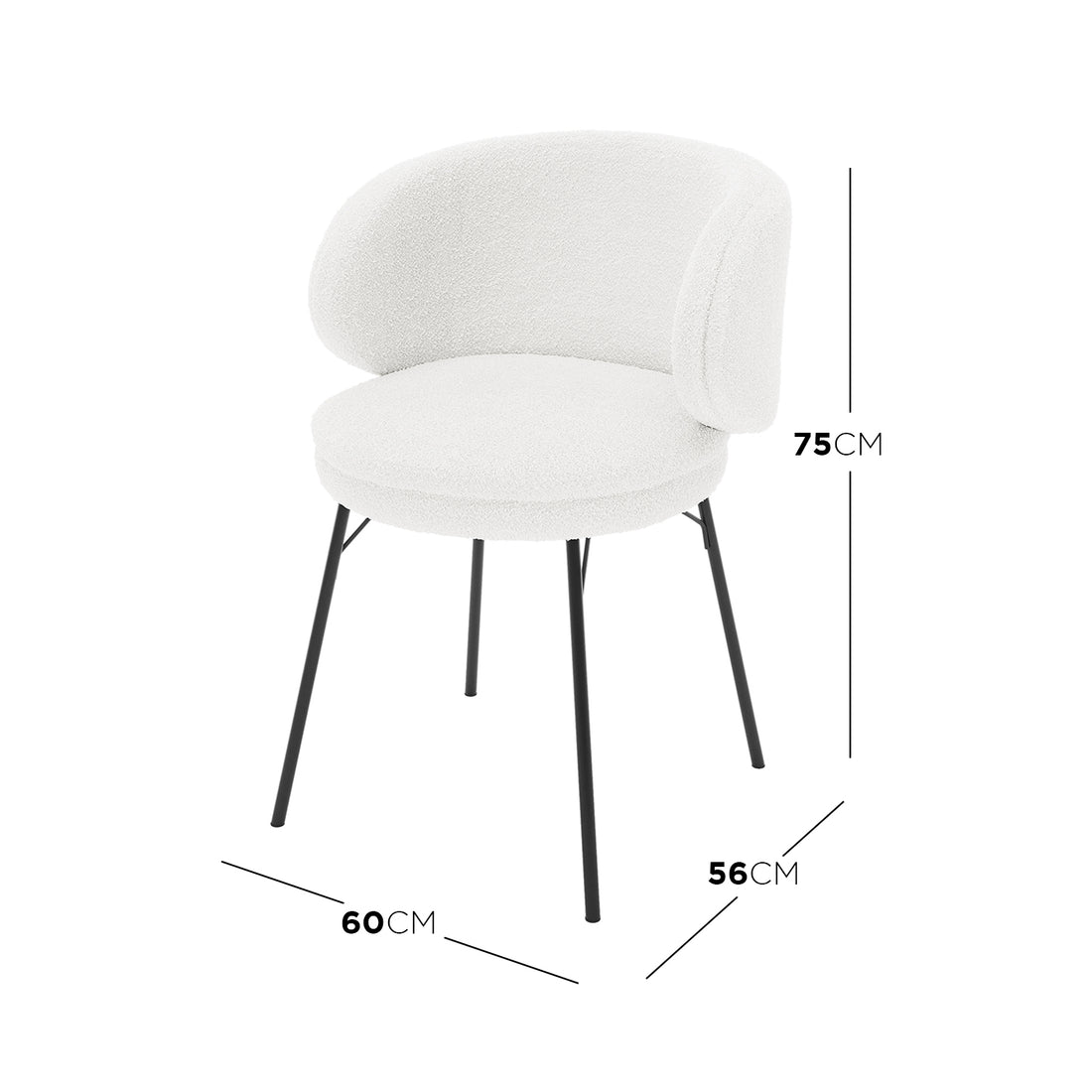 Meily Boucle Dining Chair Set of 2 in Cream White features a modern design with boucle-upholstered rounded backrest and seat on slender black metal legs, measuring 75 cm tall, 60 cm wide, 56 cm deep.