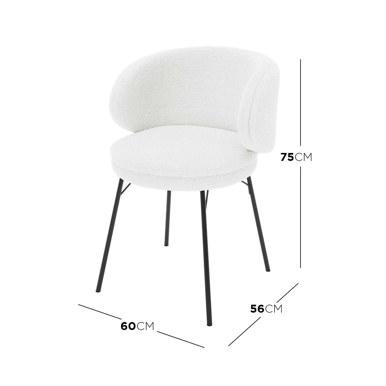 Meily Boucle Dining Chair Set of 2 in Cream White features a modern design with boucle-upholstered rounded backrest and seat on slender black metal legs, measuring 75 cm tall, 60 cm wide, 56 cm deep.