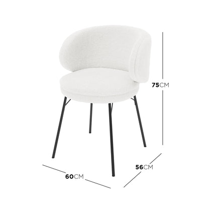 Meily Boucle Dining Chair Set of 2 in Cream White features a modern design with boucle-upholstered rounded backrest and seat on slender black metal legs, measuring 75 cm tall, 60 cm wide, 56 cm deep.