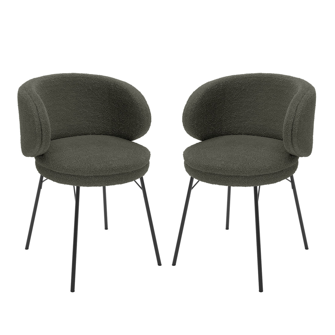 Meily Boucle Dining Chair Set of 2 in Green, featuring rounded upholstered seats and curved wrap-around backrests in boucle fabric, supported by slender black metal legs for a modern, stylish look.