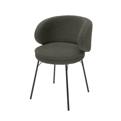 Meily Boucle Dining Chair Set of 2 in Green features a modern design with a rounded, upholstered seat and wrap-around backrest, boucle fabric, and slim black metal legs.