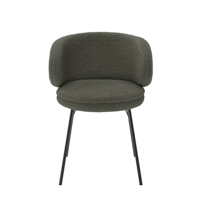Meily Boucle Dining Chair Set of 2 in Green featuring rounded, padded seats and curved backrests upholstered in textured boucle fabric, supported by slim, splayed black metal legs for a modern look.