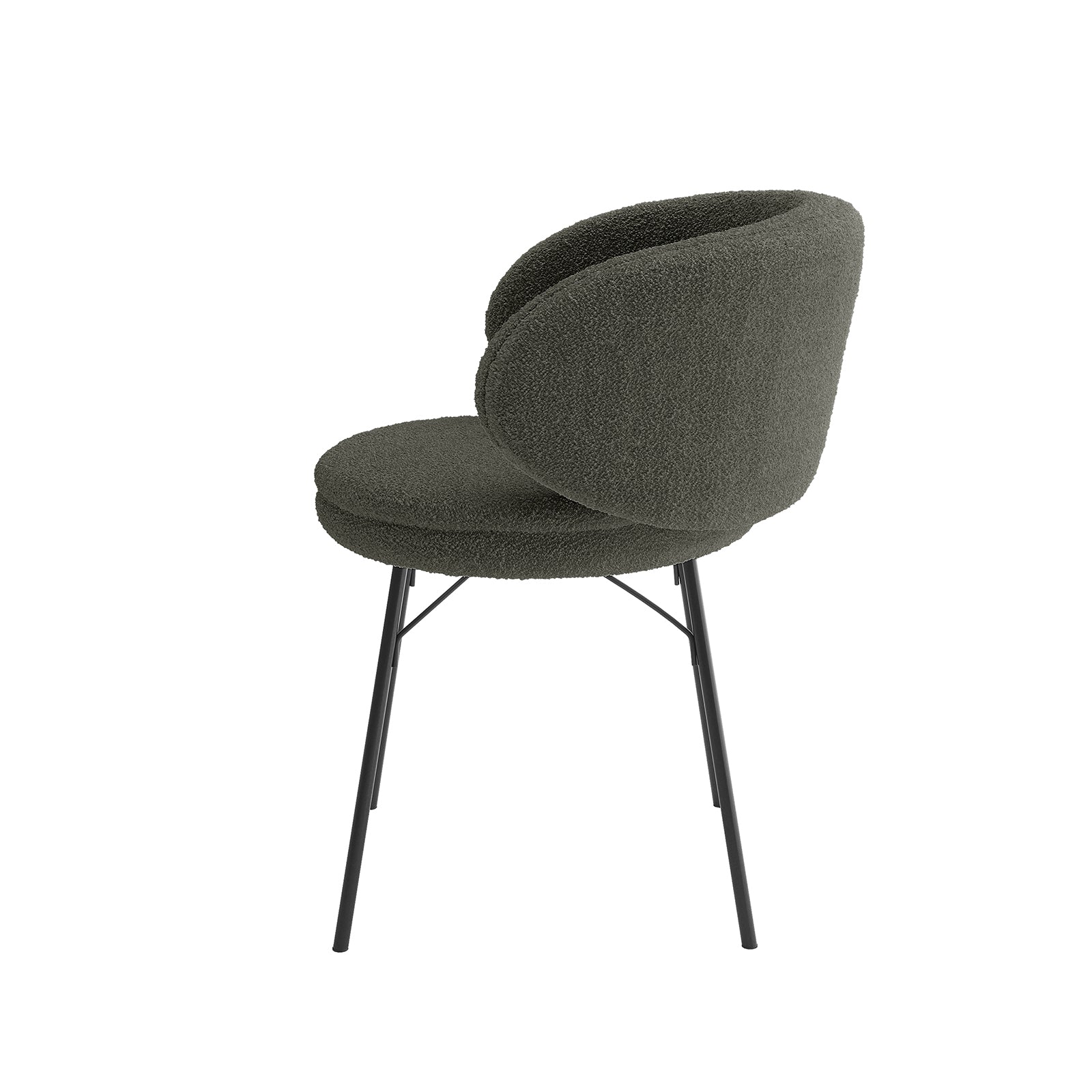 Meily Boucle Dining Chair Set of 2 in Green features a modern design with a rounded, wrap-around backrest upholstered in textured boucle fabric and supported by slender black metal legs.