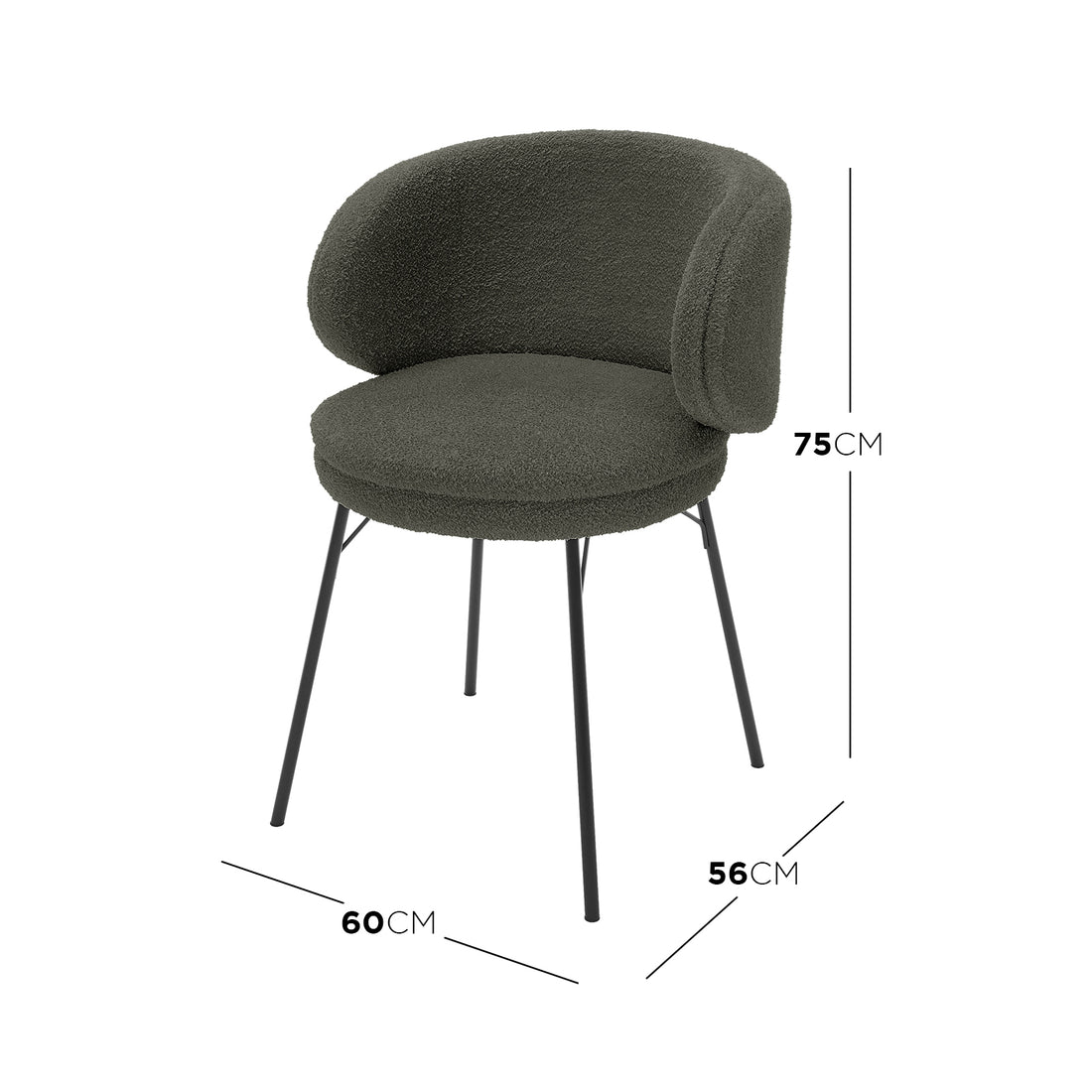 Meily Boucle Dining Chair Set of 2 in Green showcasing a modern design with boucle-upholstered round seats, curved backrests, and slender black metal legs, embodying style and comfort for dining spaces.