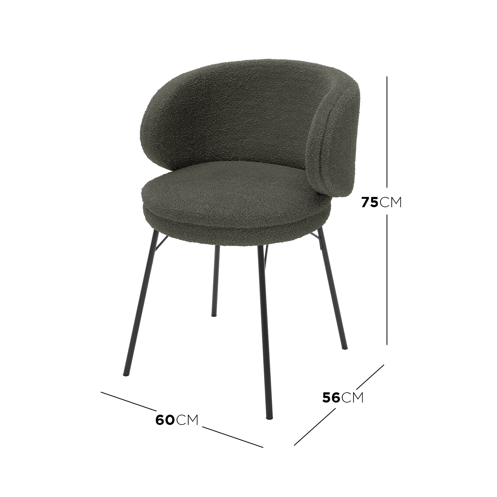 Meily Boucle Dining Chair Set of 2 in Green showcasing a modern design with boucle-upholstered round seats, curved backrests, and slender black metal legs, embodying style and comfort for dining spaces.
