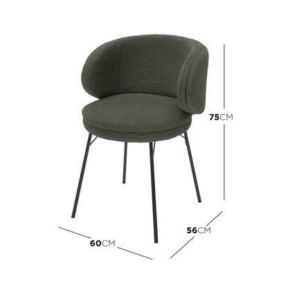 Meily Boucle Dining Chair Set of 2 in Green showcasing a modern design with boucle-upholstered round seats, curved backrests, and slender black metal legs, embodying style and comfort for dining spaces.