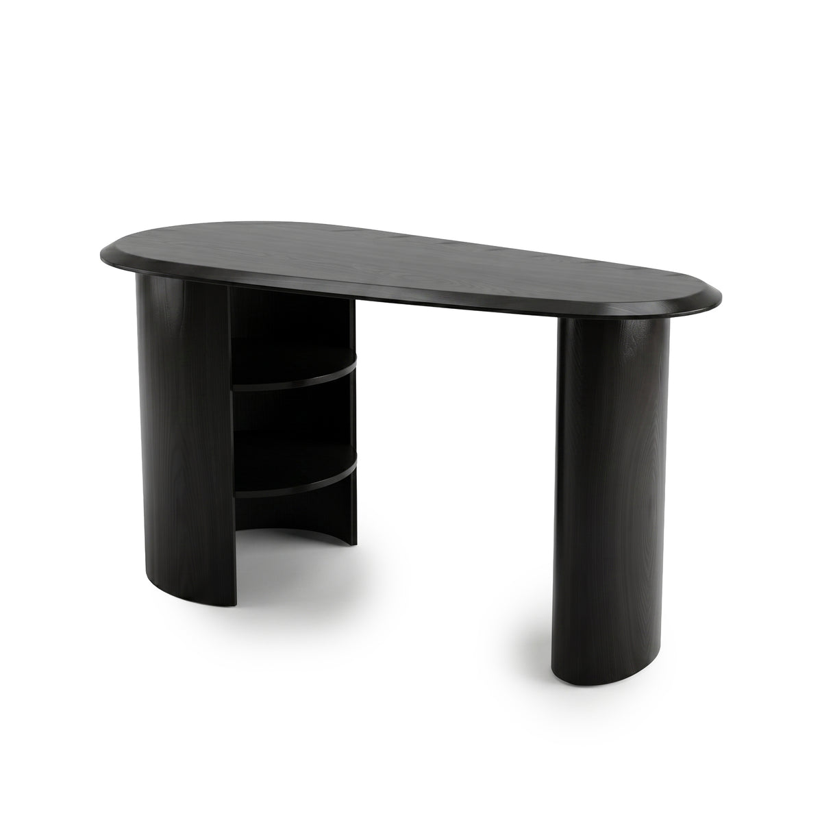 Modern black desk with asymmetrical tabletop and rounded legs on a white background