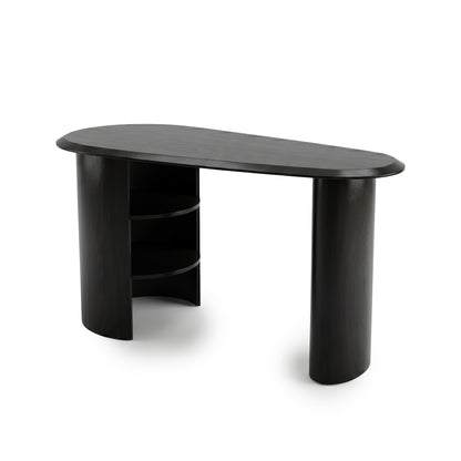 Modern black desk with asymmetrical tabletop and rounded legs on a white background
