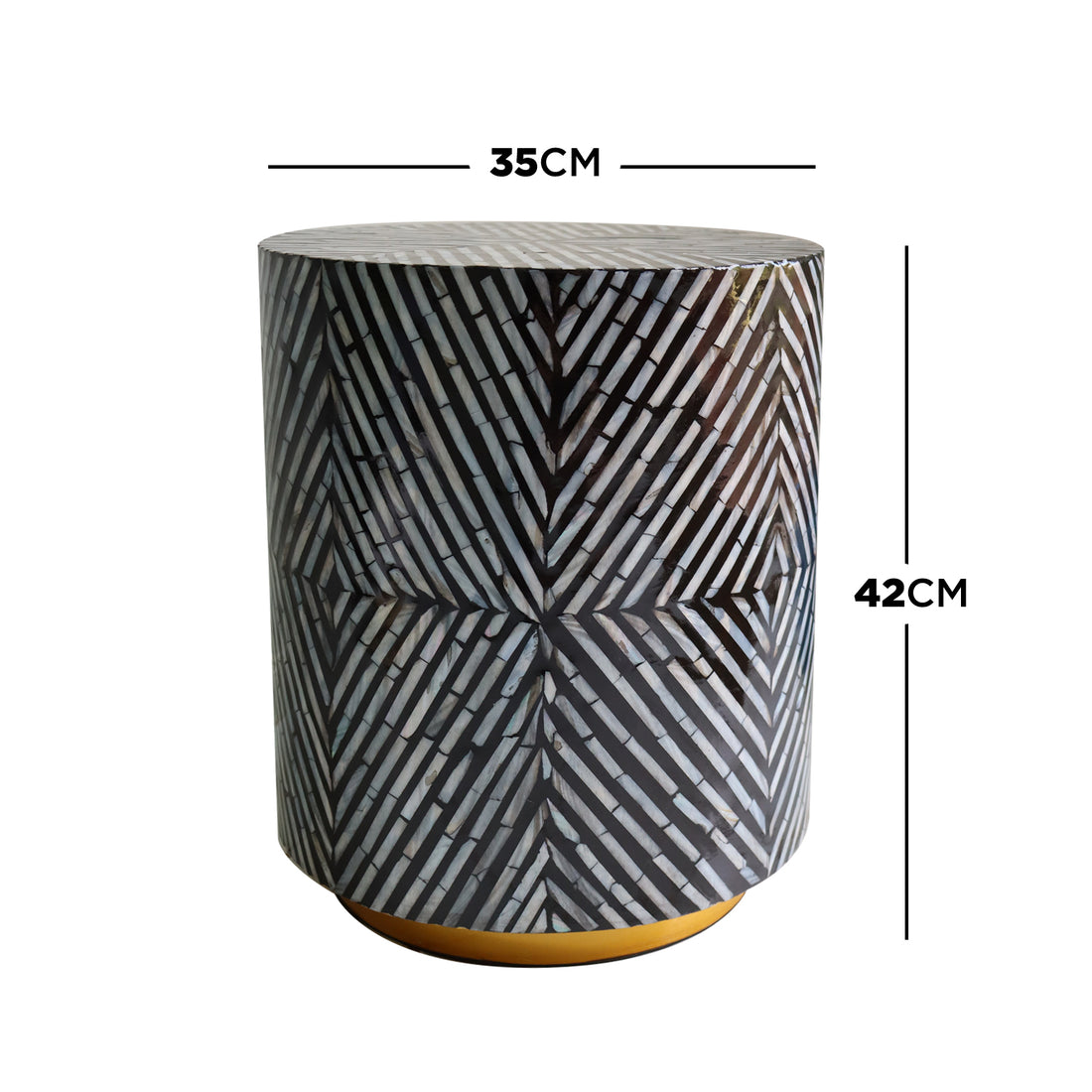 Merry 35cm Mother of Pearl Inlay Side Table in Ivory & Black, featuring a cylindrical design with a herringbone mosaic pattern and a gold-colored circular base, measuring 35 cm in diameter and 42 cm tall.