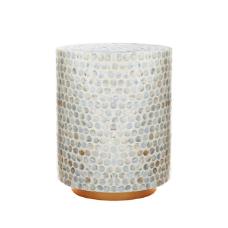 Merry 35cm Mother of Pearl Inlay Side Table features a drum-style design with iridescent mosaic tiles on a gold-toned base, showcasing luxurious handcrafted elegance for any room.