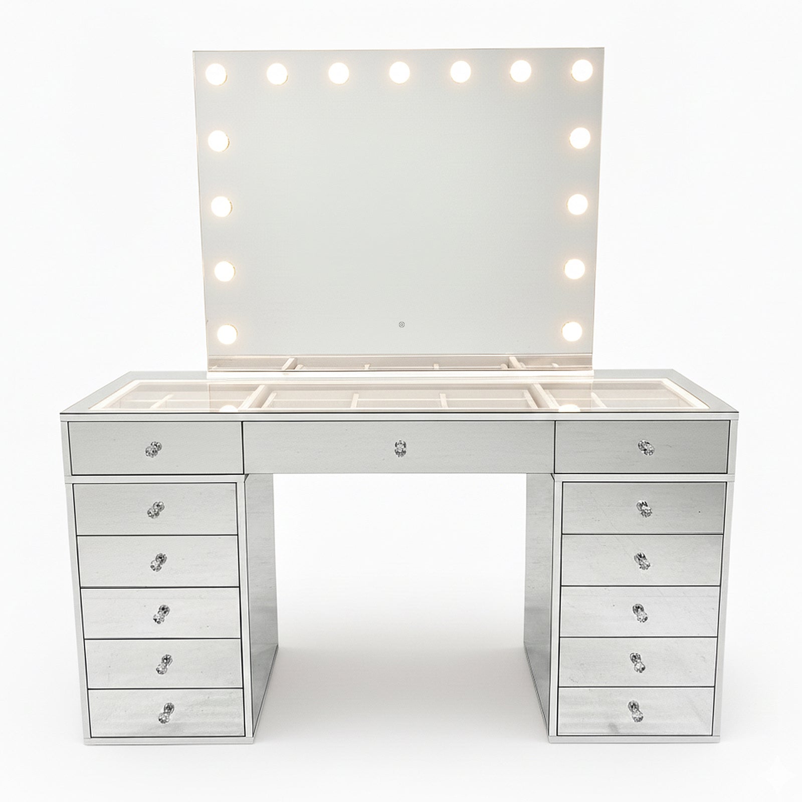 Monroe 13 Drawer Mirror Finish Hollywood LED Dressing Table features a large bulb-framed mirror, glass top, divided storage, two banks of drawers with crystal-style knobs, and integrated power outlets.