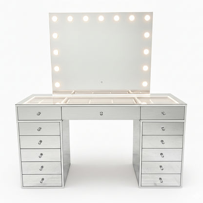 Monroe 13 Drawer Mirror Finish Hollywood LED Dressing Table features a large bulb-framed mirror, glass top, divided storage, two banks of drawers with crystal-style knobs, and integrated power outlets.