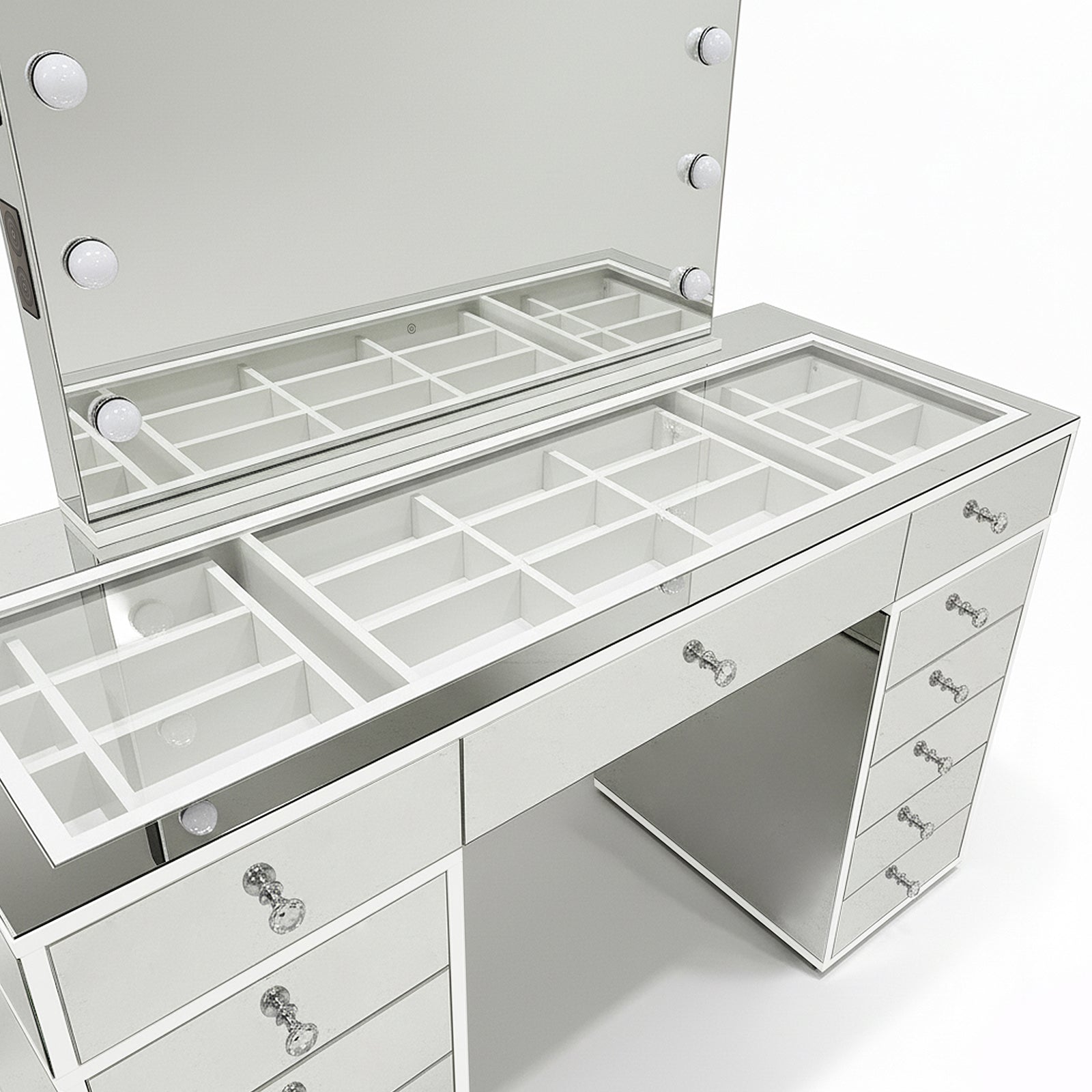 Monroe 13 Drawer Mirror Finish Hollywood LED Dressing Table with light-bulb-framed mirror, glass-topped organizer, crystal-style drawer pulls, and integrated power features, creating a luxe beauty setup.