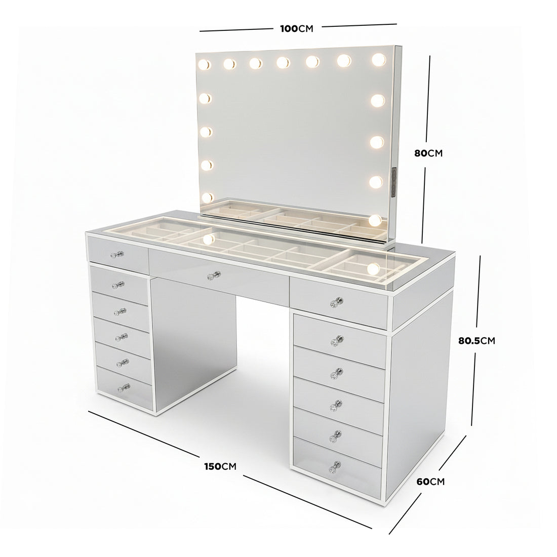 Monroe Hollywood Makeup Dressing Table in Silver features a large light-bulb-framed mirror, glass-topped table with compartmental storage, two pedestal bases with six drawers each, and a central drawer.