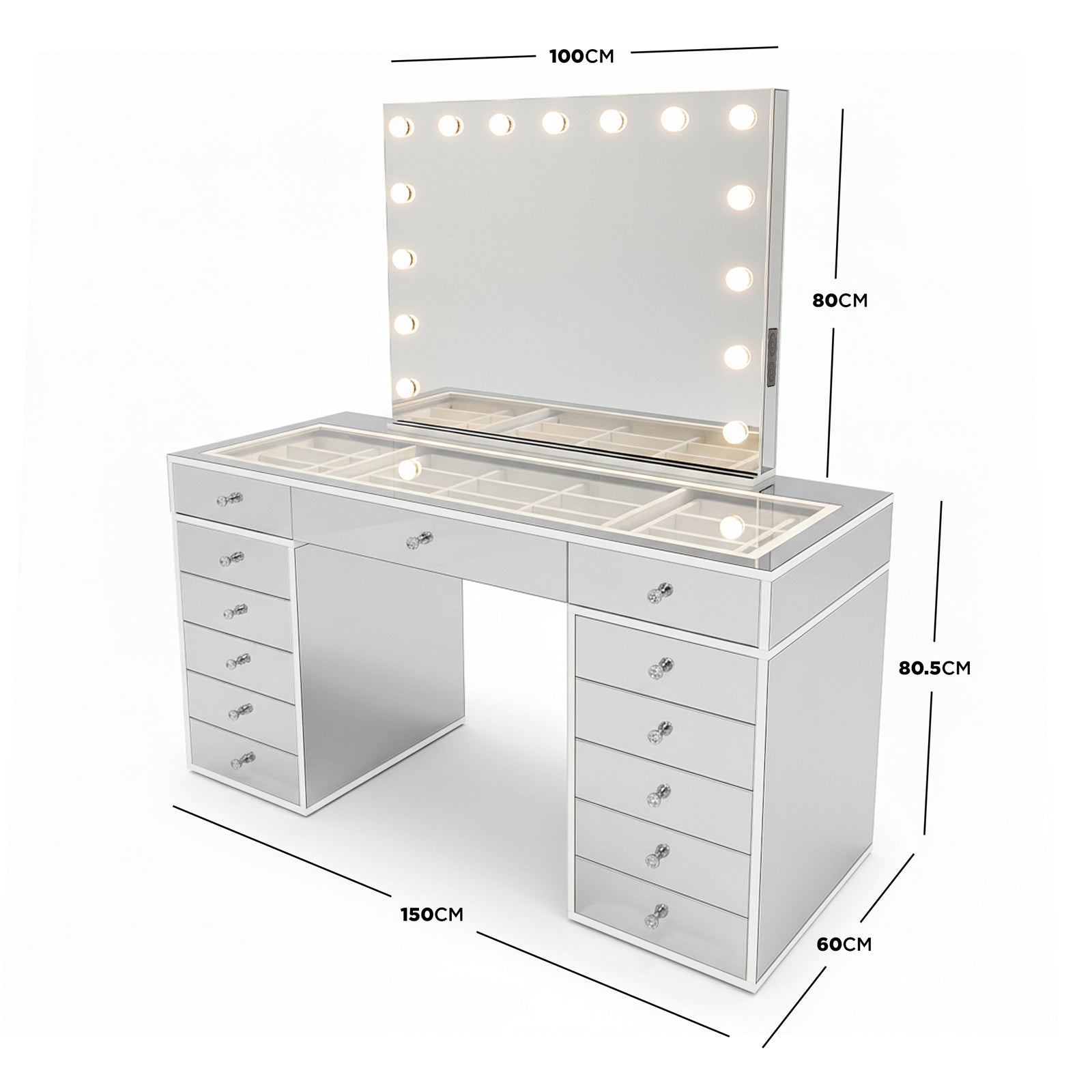 Monroe Hollywood Makeup Dressing Table in Silver features a large light-bulb-framed mirror, glass-topped table with compartmental storage, two pedestal bases with six drawers each, and a central drawer.