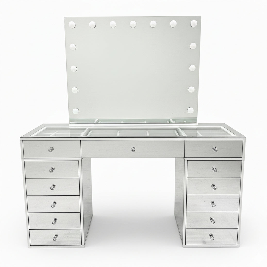 Monroe Hollywood Makeup Dressing Table in Silver, featuring a large mirror with LED lights, glass-paneled top with storage, and flanked by tall drawers, ideal for glamorous, organized beauty routines.