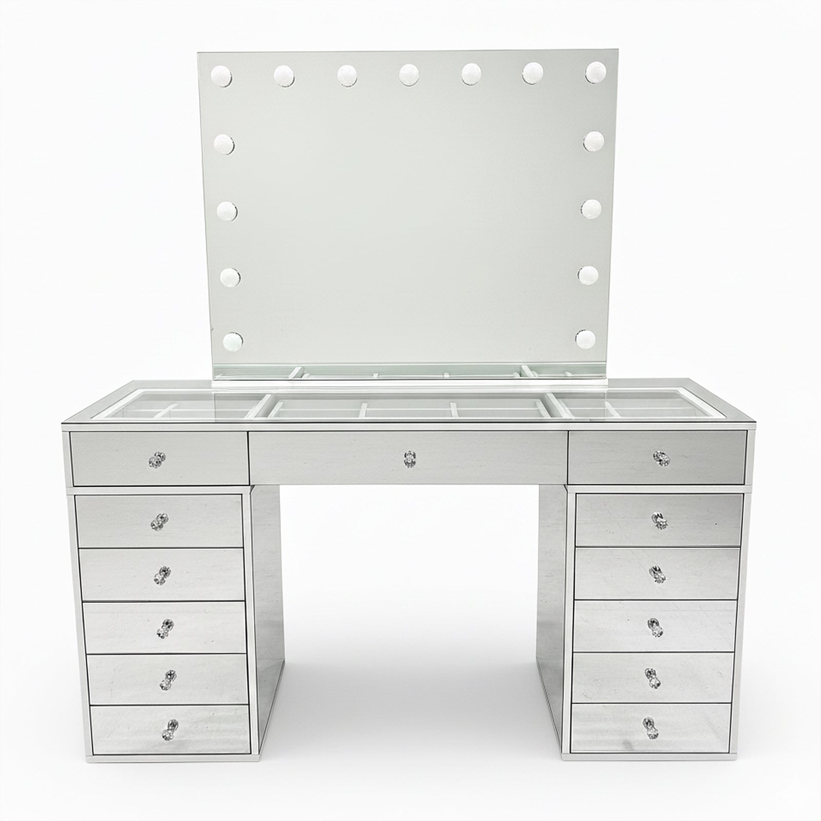 Monroe Hollywood Makeup Dressing Table in Silver, featuring a large mirror with LED lights, glass-paneled top with storage, and flanked by tall drawers, ideal for glamorous, organized beauty routines.