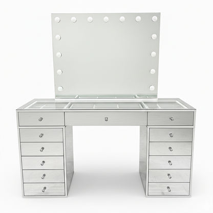 Monroe Hollywood Makeup Dressing Table in Silver, featuring a large mirror with LED lights, glass-paneled top with storage, and flanked by tall drawers, ideal for glamorous, organized beauty routines.