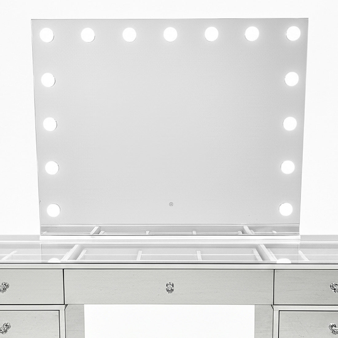 Monroe 13 Drawer Mirror Finish Hollywood LED Dressing Table featuring a large rectangular mirror with surrounding light bulbs, mirrored drawers with crystal knobs, and a glass-top surface for a luxurious vanity setup.