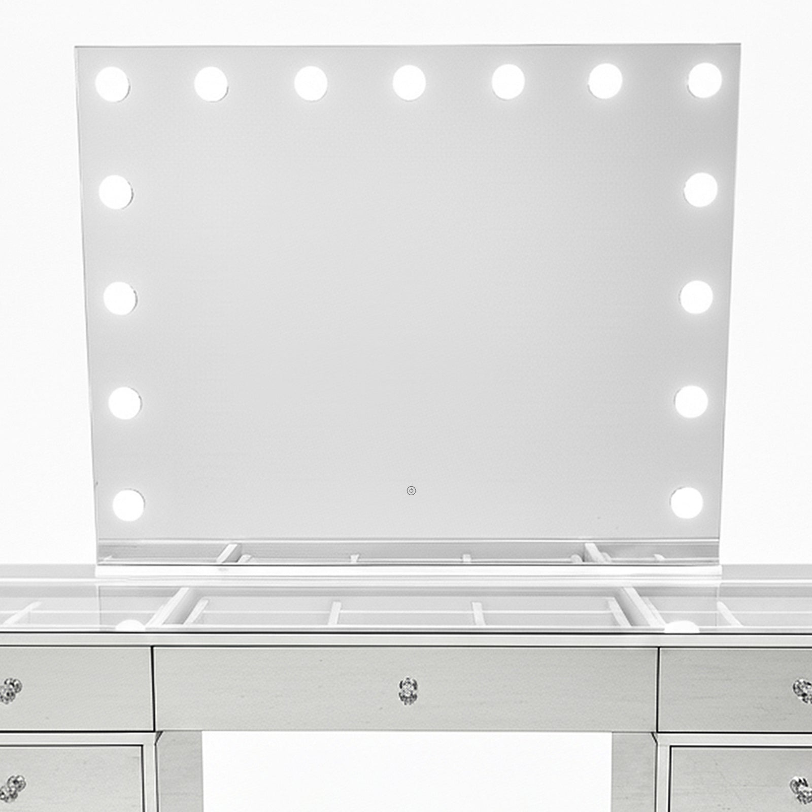 Monroe 13 Drawer Mirror Finish Hollywood LED Dressing Table featuring a large rectangular mirror with surrounding light bulbs, mirrored drawers with crystal knobs, and a glass-top surface for a luxurious vanity setup.