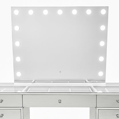Monroe 13 Drawer Mirror Finish Hollywood LED Dressing Table featuring a large rectangular mirror with surrounding light bulbs, mirrored drawers with crystal knobs, and a glass-top surface for a luxurious vanity setup.