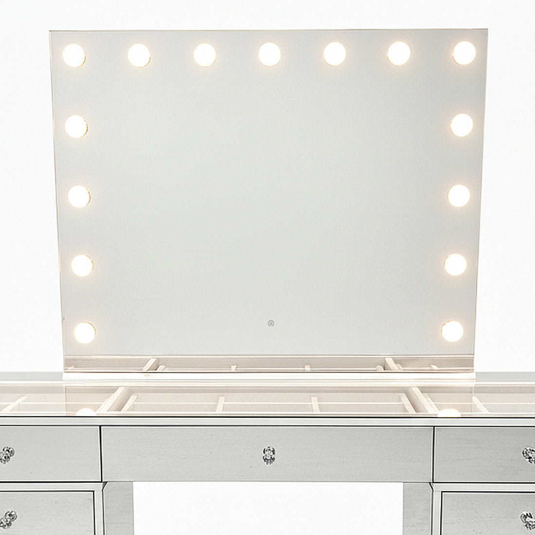 Monroe 13 Drawer Mirror Finish Hollywood LED Dressing Table with lift-up tabletop, large mirror with LED bulbs, mirrored drawers, crystal knobs, and built-in compartments for beauty organization.