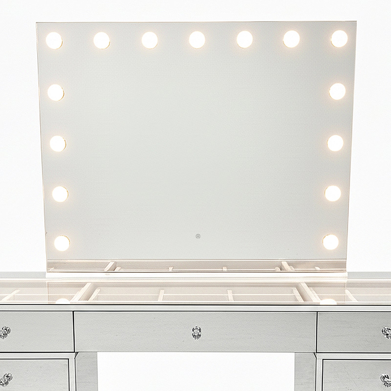 Monroe 13 Drawer Mirror Finish Hollywood LED Dressing Table with lift-up tabletop, large mirror with LED bulbs, mirrored drawers, crystal knobs, and built-in compartments for beauty organization.