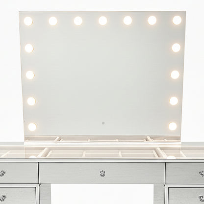 Monroe 13 Drawer Mirror Finish Hollywood LED Dressing Table with lift-up tabletop, large mirror with LED bulbs, mirrored drawers, crystal knobs, and built-in compartments for beauty organization.