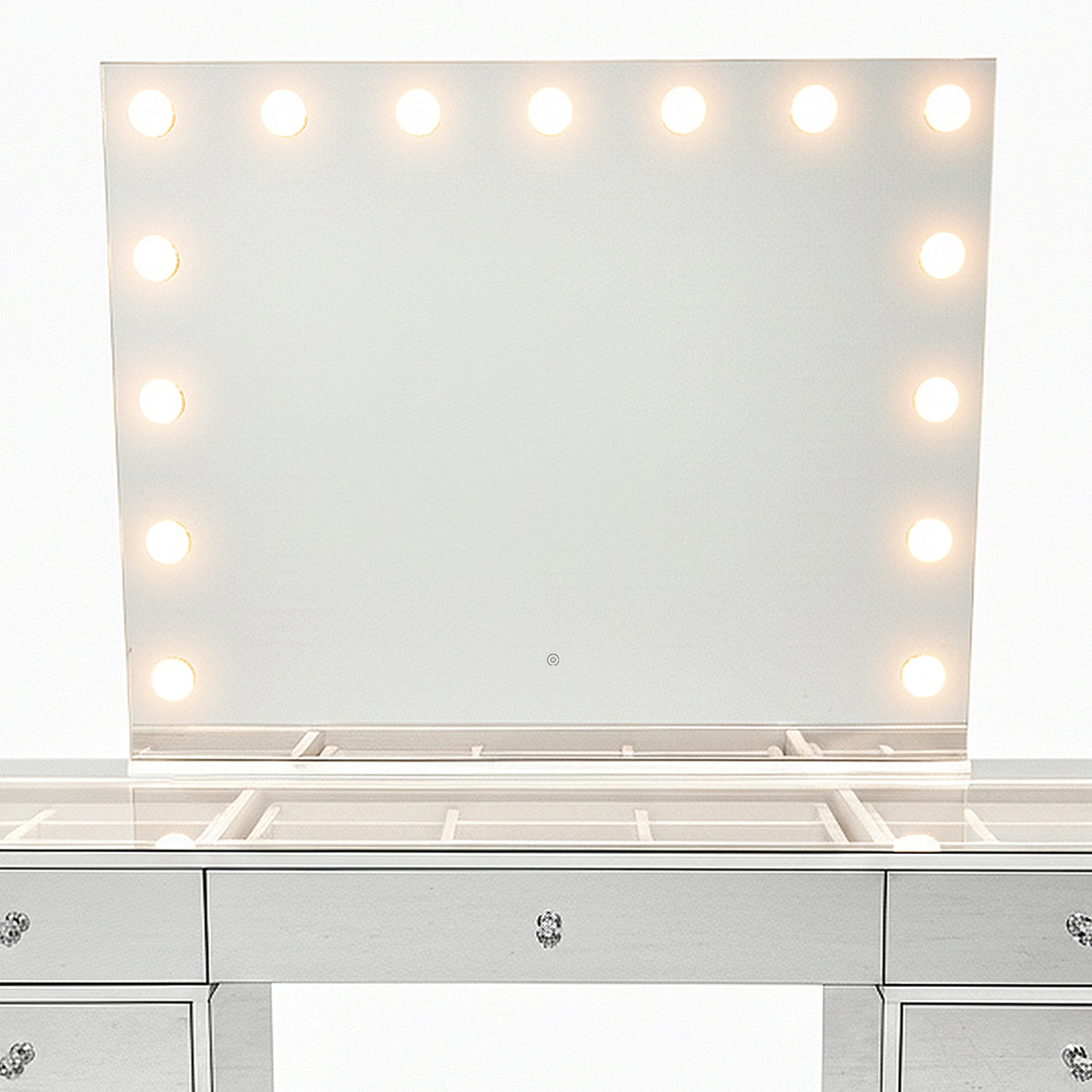 Monroe 13 Drawer Mirror Finish Hollywood LED Dressing Table featuring a large bulb-rimmed mirror, glass top with storage, and elegant design, perfect for a glamorous and organized beauty setup.