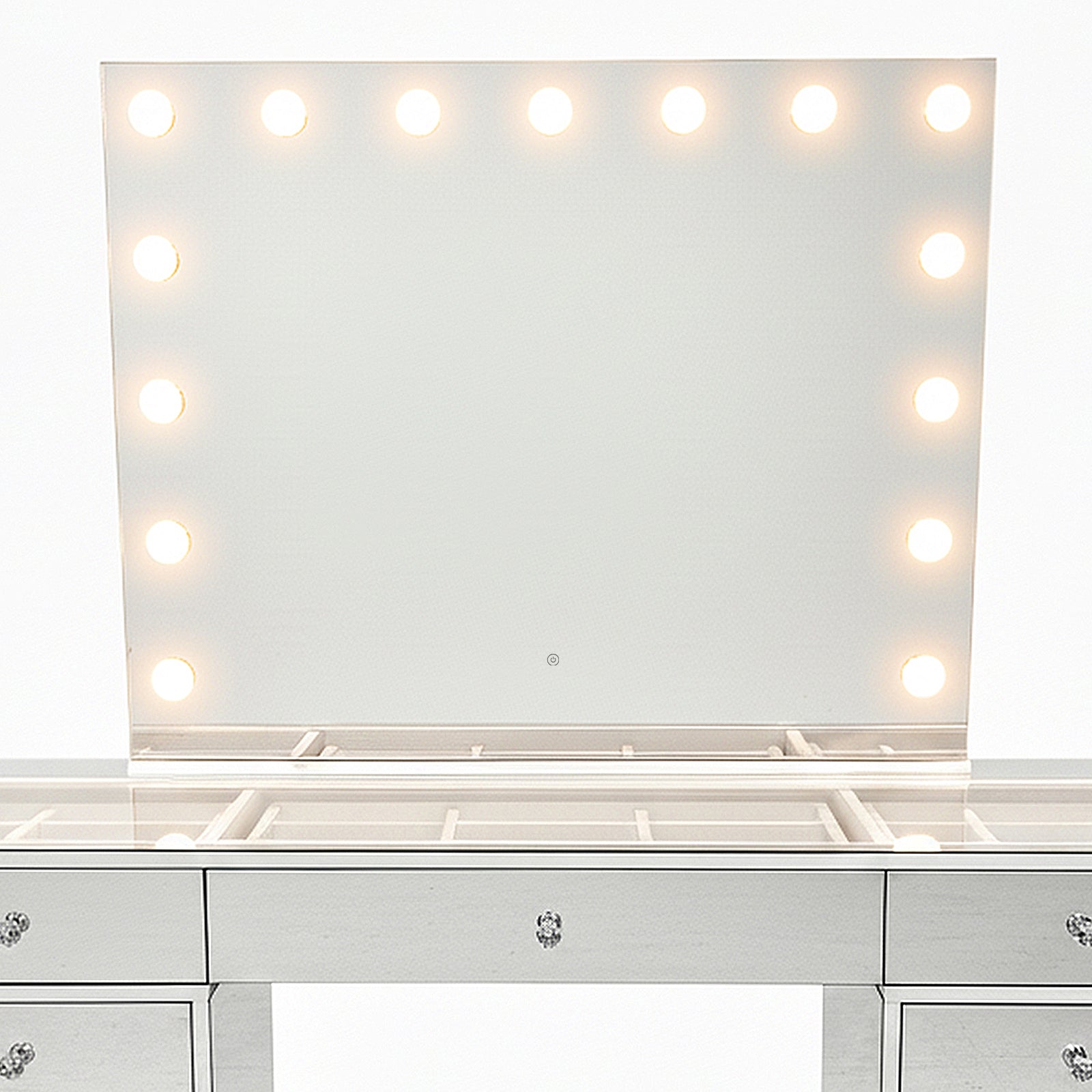 Monroe 13 Drawer Mirror Finish Hollywood LED Dressing Table featuring a large bulb-rimmed mirror, glass top with storage, and elegant design, perfect for a glamorous and organized beauty setup.