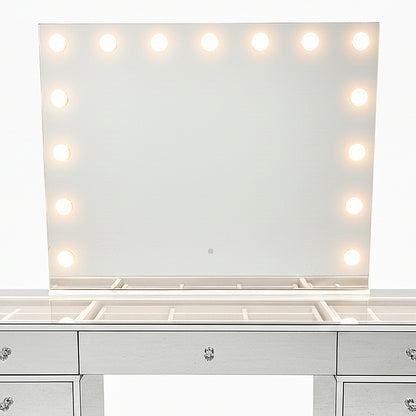 Monroe 13 Drawer Mirror Finish Hollywood LED Dressing Table featuring a large bulb-rimmed mirror, glass top with storage, and elegant design, perfect for a glamorous and organized beauty setup.