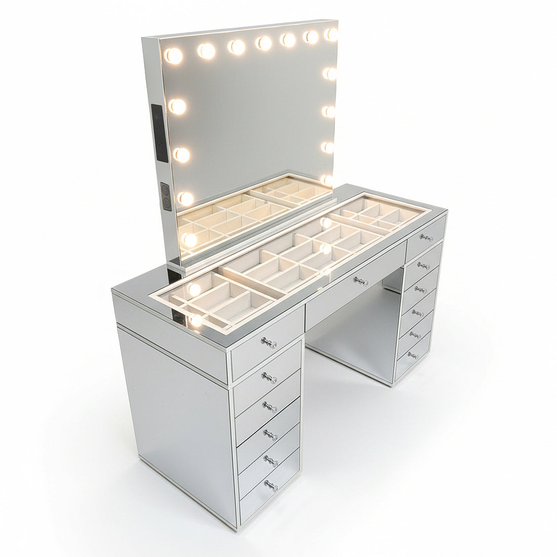 Monroe 13 Drawer Mirror Finish Hollywood LED Dressing Table featuring mirrored panels, a large bulb-framed mirror, multiple drawers, and top compartments, ideal for organizing makeup and beauty tools.