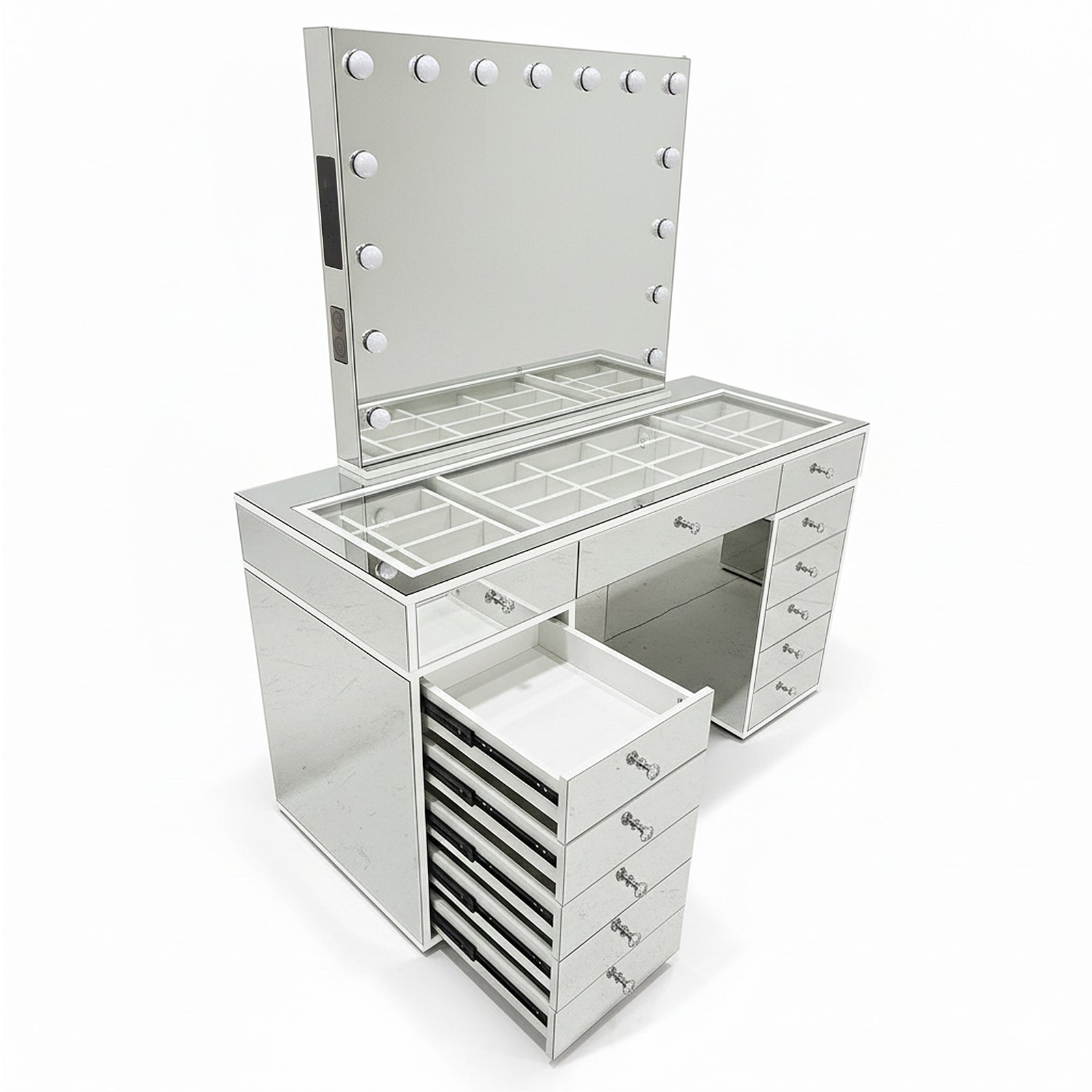 Monroe 13 Drawer Mirror Finish Hollywood LED Dressing Table with lit mirror, glass-top organizers, crystal-style drawer pulls, and integrated power outlets, offering ample storage and a luxurious, reflective design.