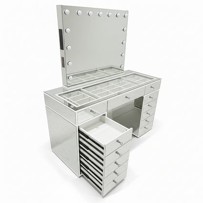 Monroe 13 Drawer Mirror Finish Hollywood LED Dressing Table with lit mirror, glass-top organizers, crystal-style drawer pulls, and integrated power outlets, offering ample storage and a luxurious, reflective design.