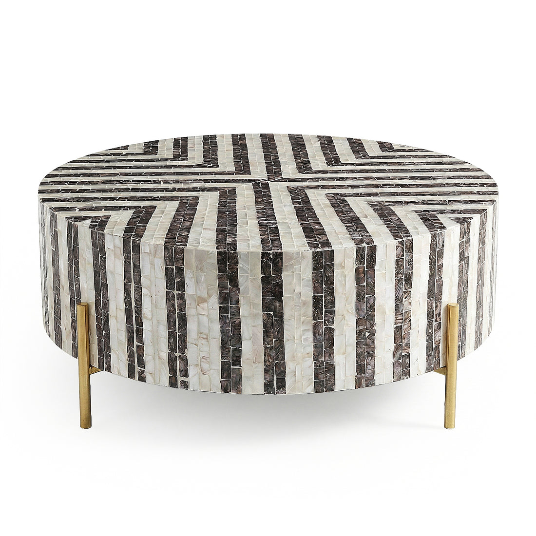 Round black and white striped coffee table with gold legs on white background