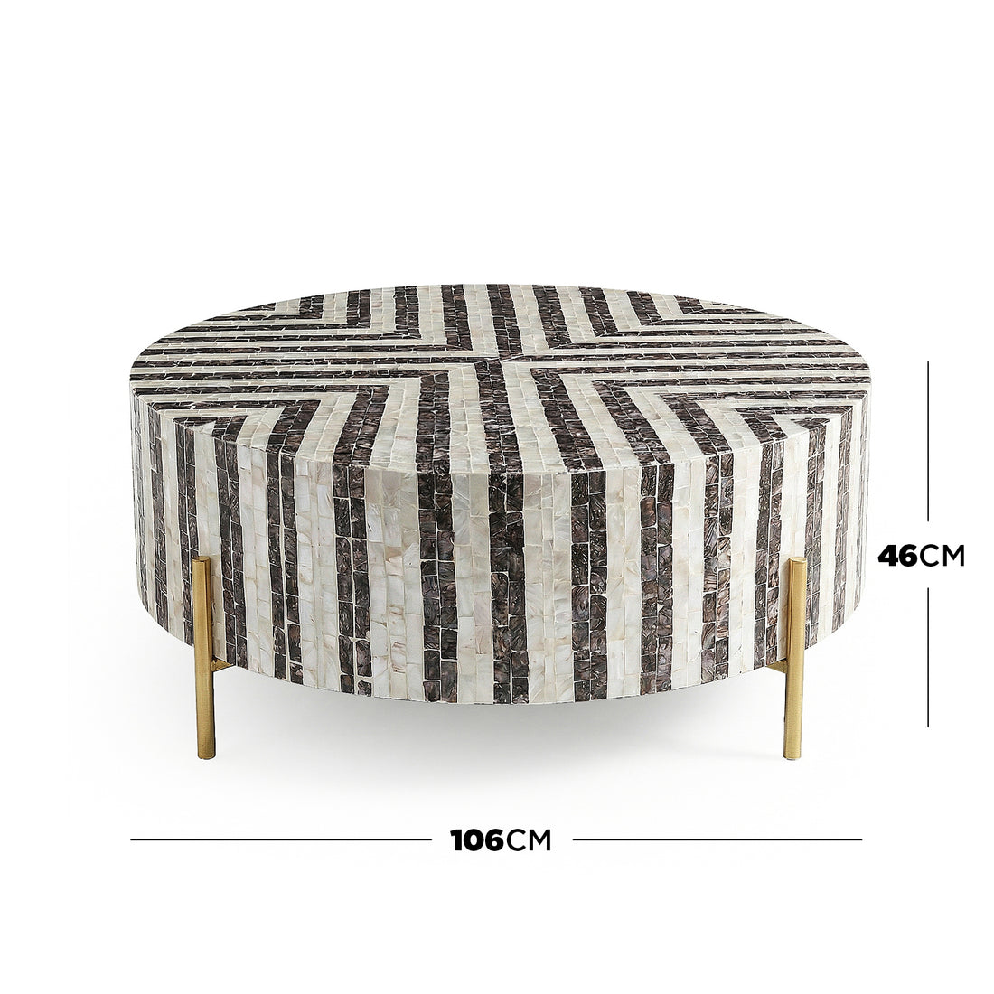 Round striped coffee table with gold legs and dimensions 106cm diameter by 46cm height on white background