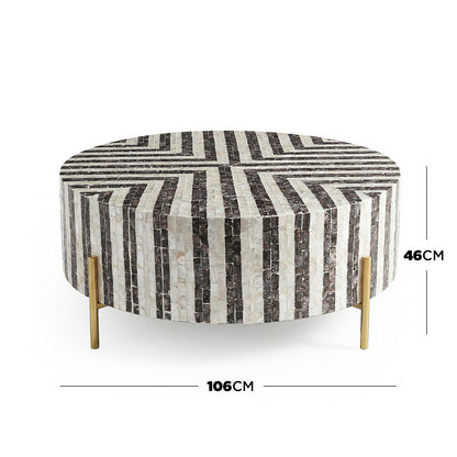 Round striped coffee table with gold legs and dimensions 106cm diameter by 46cm height on white background