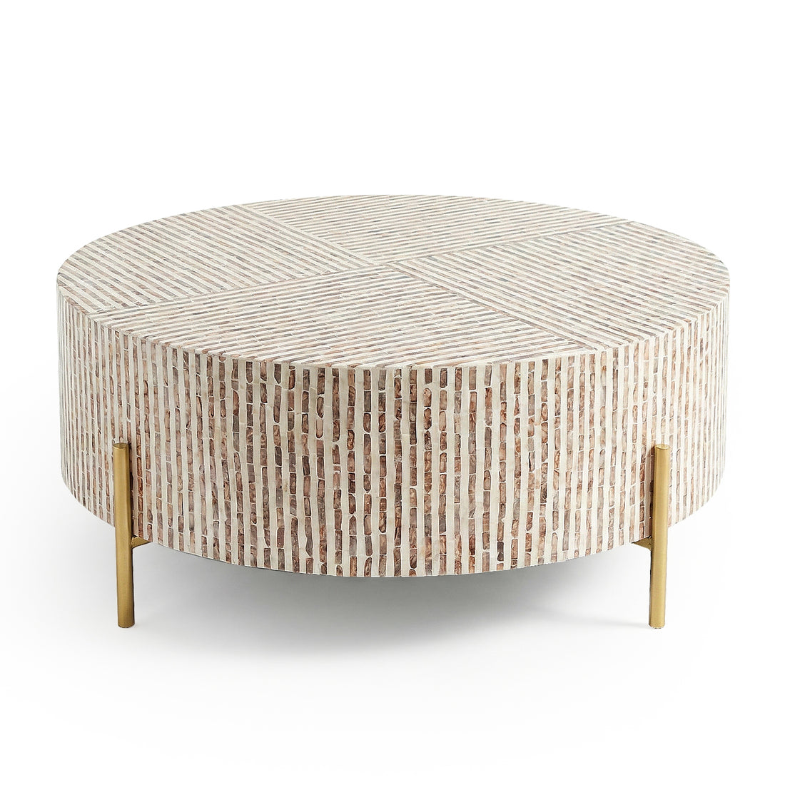Round coffee table with vertical brown and white stripes and gold legs on white background