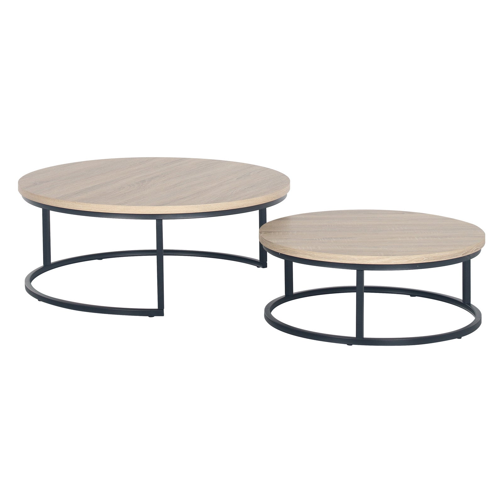 Nevada Round Nesting Coffee Table Set in Natural features two round tables with light wood-grain tops and black metal bases, showcasing a larger table with a smaller one neatly nested beneath.