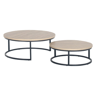 Nevada Round Nesting Coffee Table Set in Natural features two round tables with light wood-grain tops and black metal bases, showcasing a larger table with a smaller one neatly nested beneath.