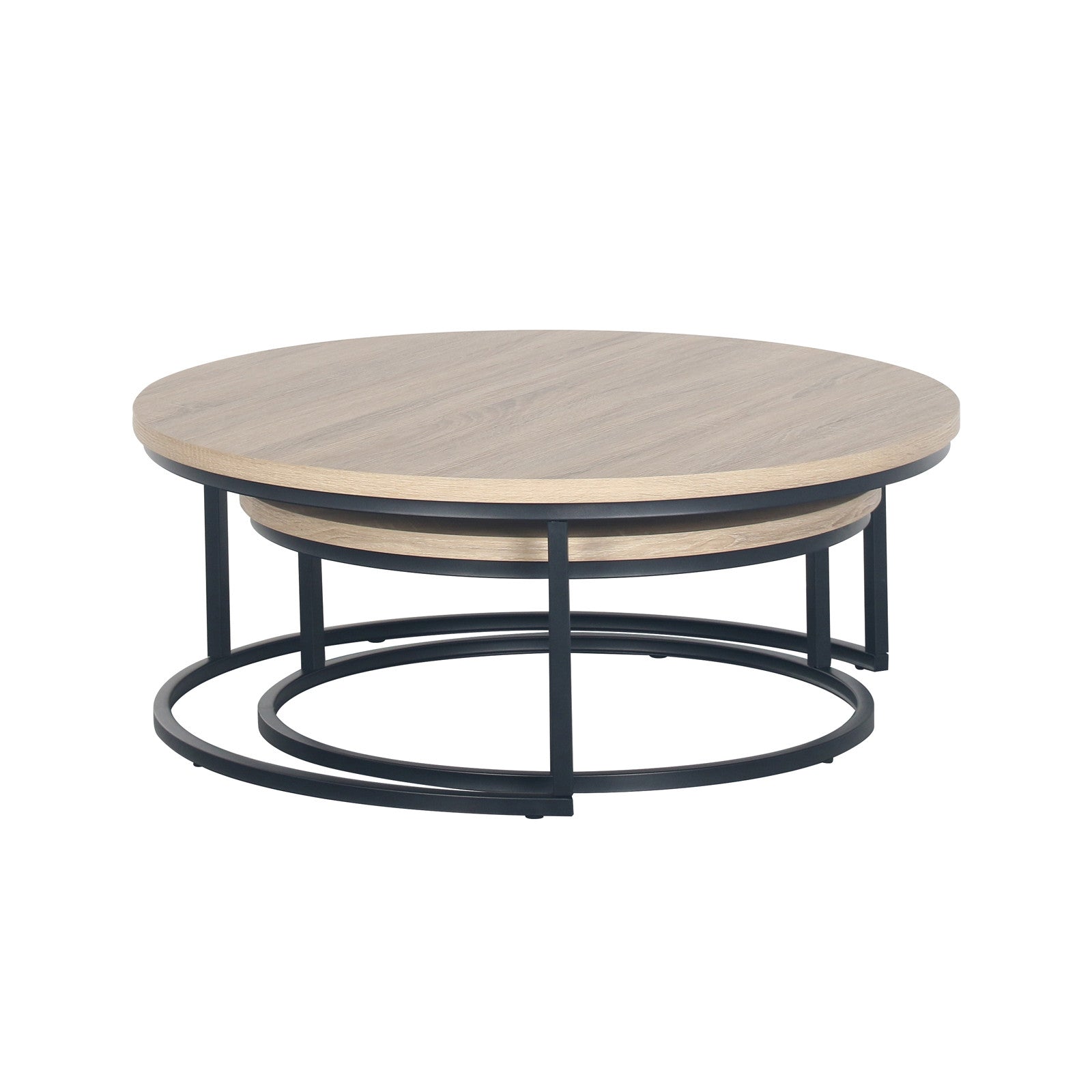 Nevada Round Nesting Coffee Table Set in Natural, featuring two round tables with light-wood veneer tops and slender black metal frames, designed for space-saving elegance in contemporary living rooms.