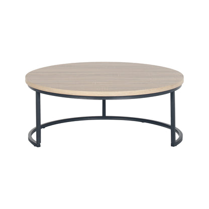 Nevada Round Nesting Coffee Table Set in Natural features a modern, minimalist design with a light wood-grain tabletop and simple black metal frame base, showcasing its stackable, space-saving functionality.